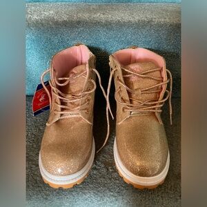 Beverly Hills Polo Club Gold Glitter Boots Lace Up Side Zip Sz 6 Pink Lining Fab